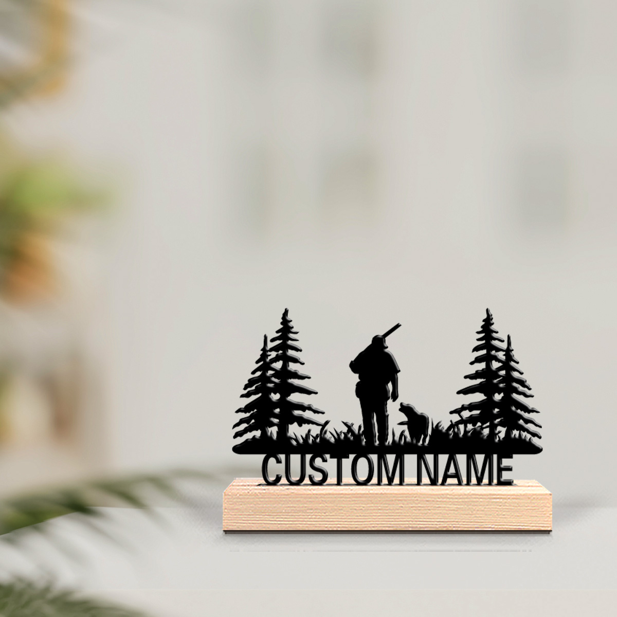 Hunting Outdoor Christmas Decorations - รูปปั้นโลหะนักล่าและสุนัขล่าสัตว์แบบกำหนดเองได้ 1 ชิ้น พร้อมฐานไม้ ตกแต่งโต๊ะ ตกแต่งธีมล่าสัตว์กลางแจ้ง