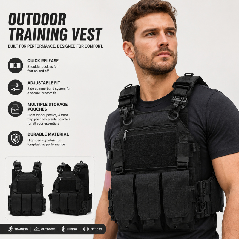 Outdoor Hunting Magazines - เสื้อกั๊กยุทธวิธีโพลีเอสเตอร์พร้อมกระเป๋าใส่แม็กกาซีนสามช่องแบบปลดเร็ว สำหรับแอร์ซอฟท์ ล่าสัตว์ และฝึกซ้อมกลางแจ้ง