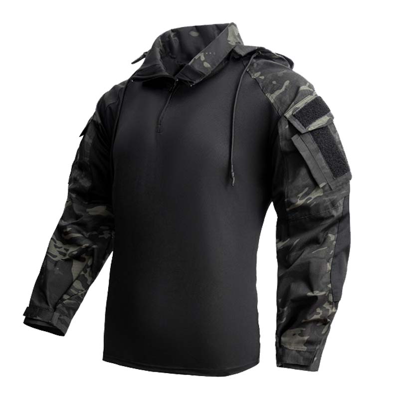 Outdoor Hunting T Shirts - เสื้อยืดผู้ชายแบบซิป 1/4 แขนยาว มีฮู้ด เสื้อเชิ้ตยุทธวิธี เสื้อยืดสำหรับปีนเขา