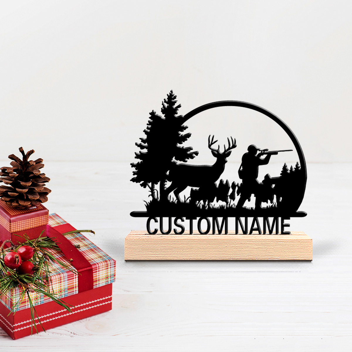 Hunting Outdoor Christmas Decorations - รูปปั้นโลหะนักล่าและกวาง 1 ชิ้น แบบกำหนดเองได้ พร้อมฐานไม้ ตกแต่งโต๊ะ